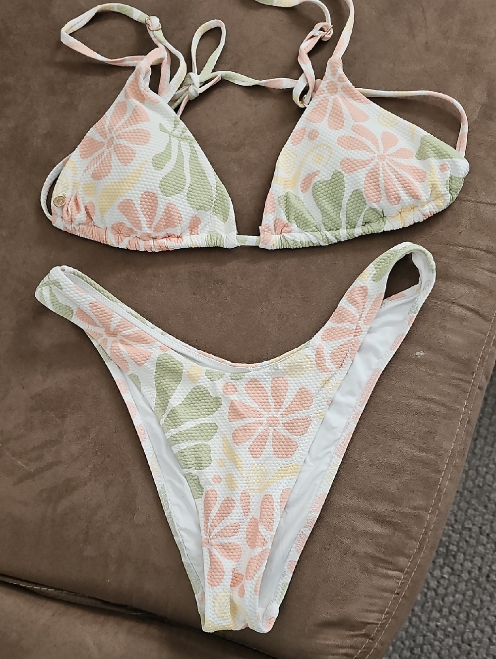 Tropical Textured Triangle Bikini Set in Pastel Peach & Sage, Small